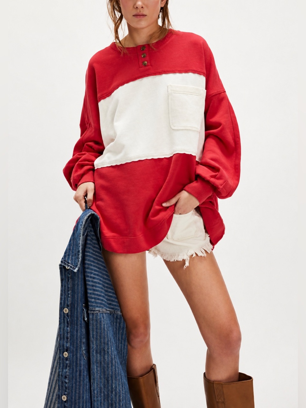 Free People 100% Cotton Strawberry Sweatshirt M Lace Trim Colorblock Red White